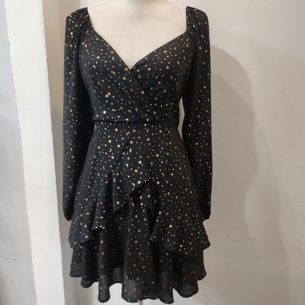 Mi Ami Black Gold Star Mini Ruffle Dress Sz XS Celestial Open Back Long Sleeve
